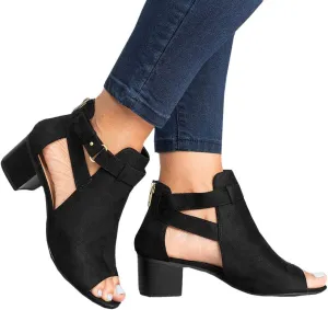 Ankle Booties for Women Low Heel,Women's Cutout Side Strap Mid Block Chunky Heel Fashion Ankle Bootie Boots Ankle Sandals Black