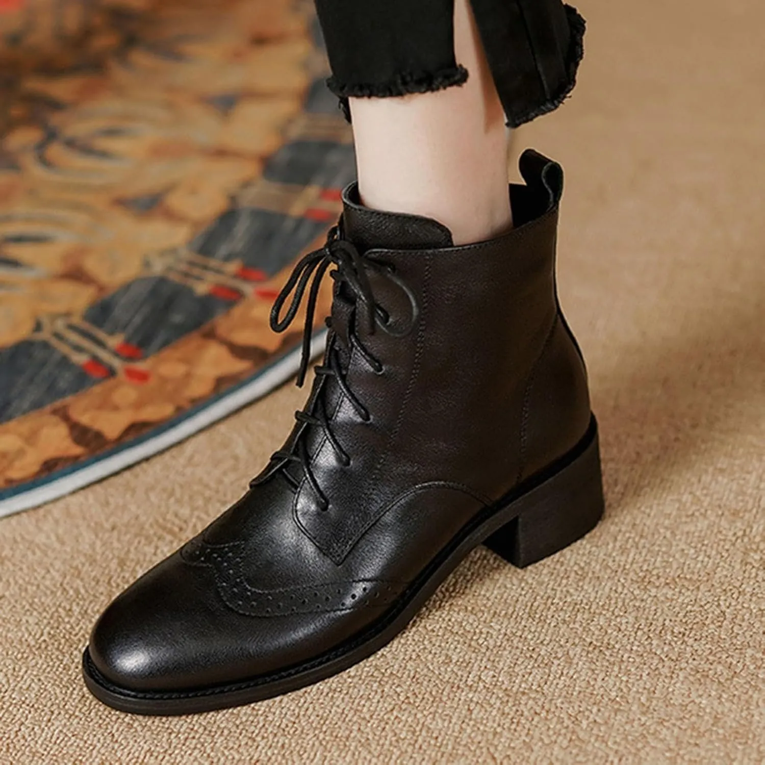 Ankle Boots for Women Dressy Leather Boots for Women PU Leather Fashion Pointed Toe Chunky Heels Lace up Side Zipper