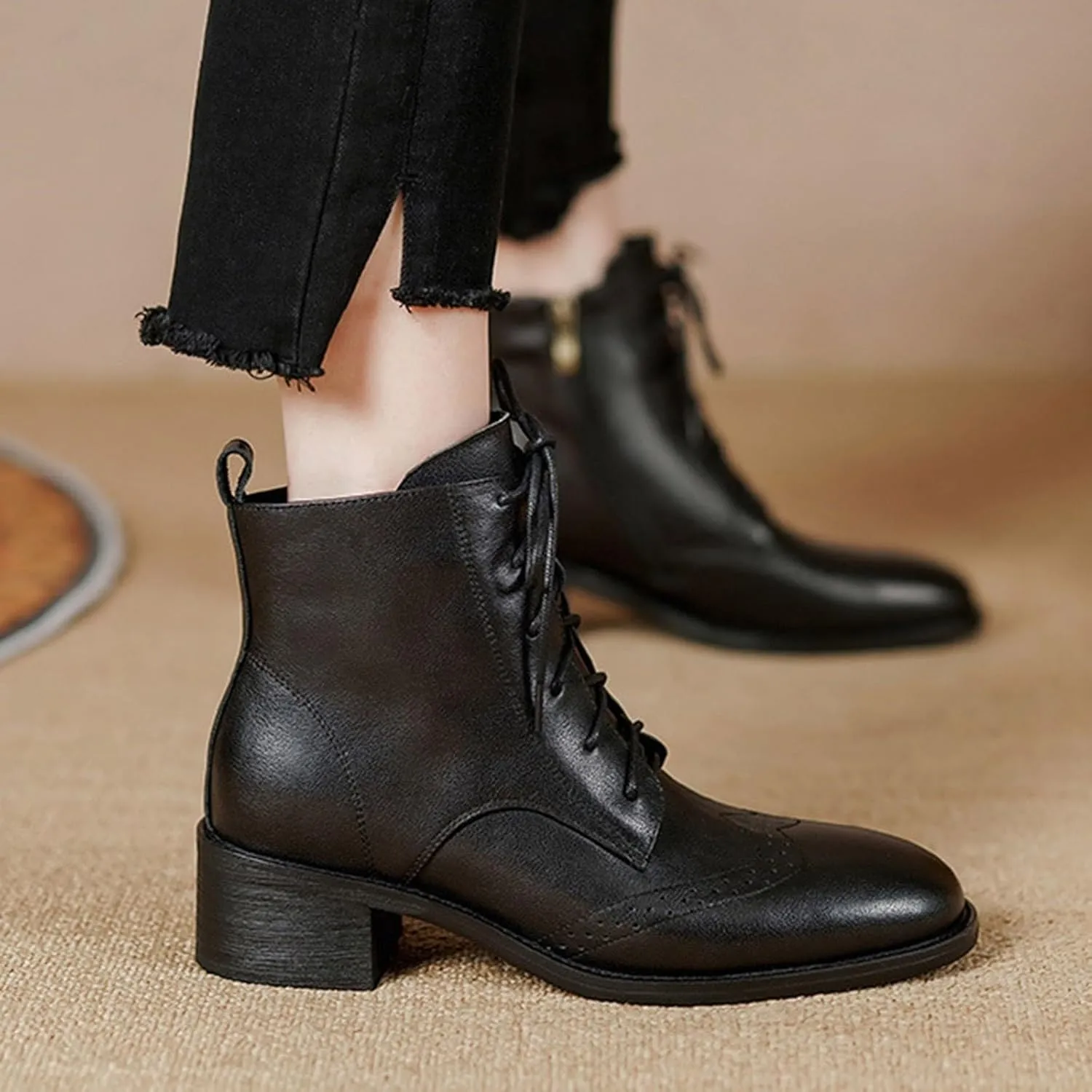 Ankle Boots for Women Dressy Leather Boots for Women PU Leather Fashion Pointed Toe Chunky Heels Lace up Side Zipper
