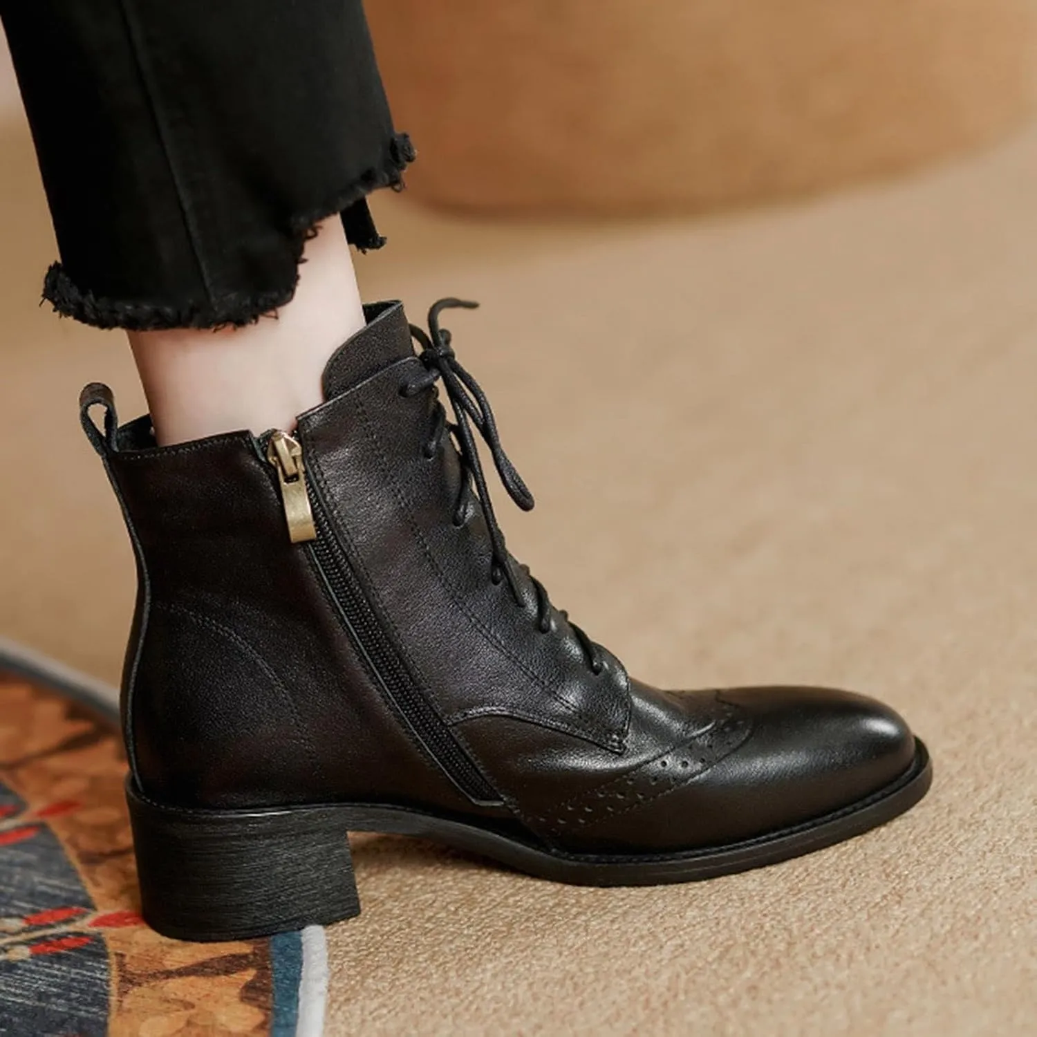 Ankle Boots for Women Dressy Leather Boots for Women PU Leather Fashion Pointed Toe Chunky Heels Lace up Side Zipper