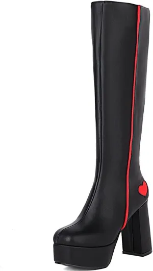AOSPHIRAYLIAN Womens Go Go Boots Block Heel Zipper Sweet Heart Platform Knee High Boots