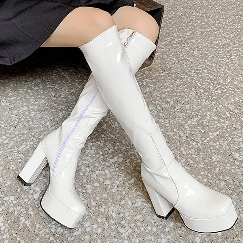AOSPHIRAYLIAN Womens Knee High Boots Round Toe Side Zipper Chunky High Heel Go Go Platform Boots