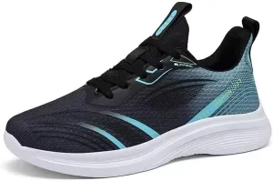 Athletic Running Shoes, Mesh Knit Breathable Sneakers, Black and Turquoise, White Sole