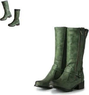 AUNTHUI Women'S Soft Leather Mid Calf Western Combat Boots,Comfortable Fashion Retro Chunky Heel High Riding Motorcycle Boots With Zipper