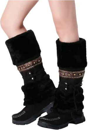 Bcshiye Women's Winter Snow Boots Retro Mid-Calf Fur Lined Warm Shoes Fashion Cold-Resistant Outdoor Knee High Boots