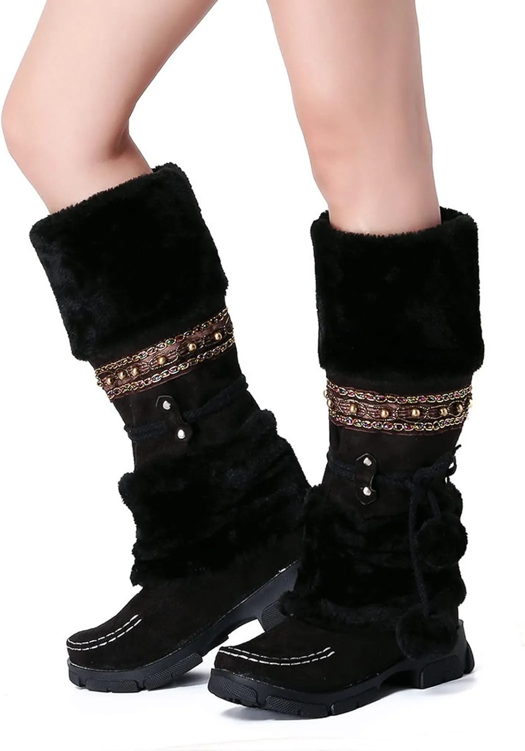 Bcshiye Women's Winter Snow Boots Retro Mid-Calf Fur Lined Warm Shoes Fashion Cold-Resistant Outdoor Knee High Boots