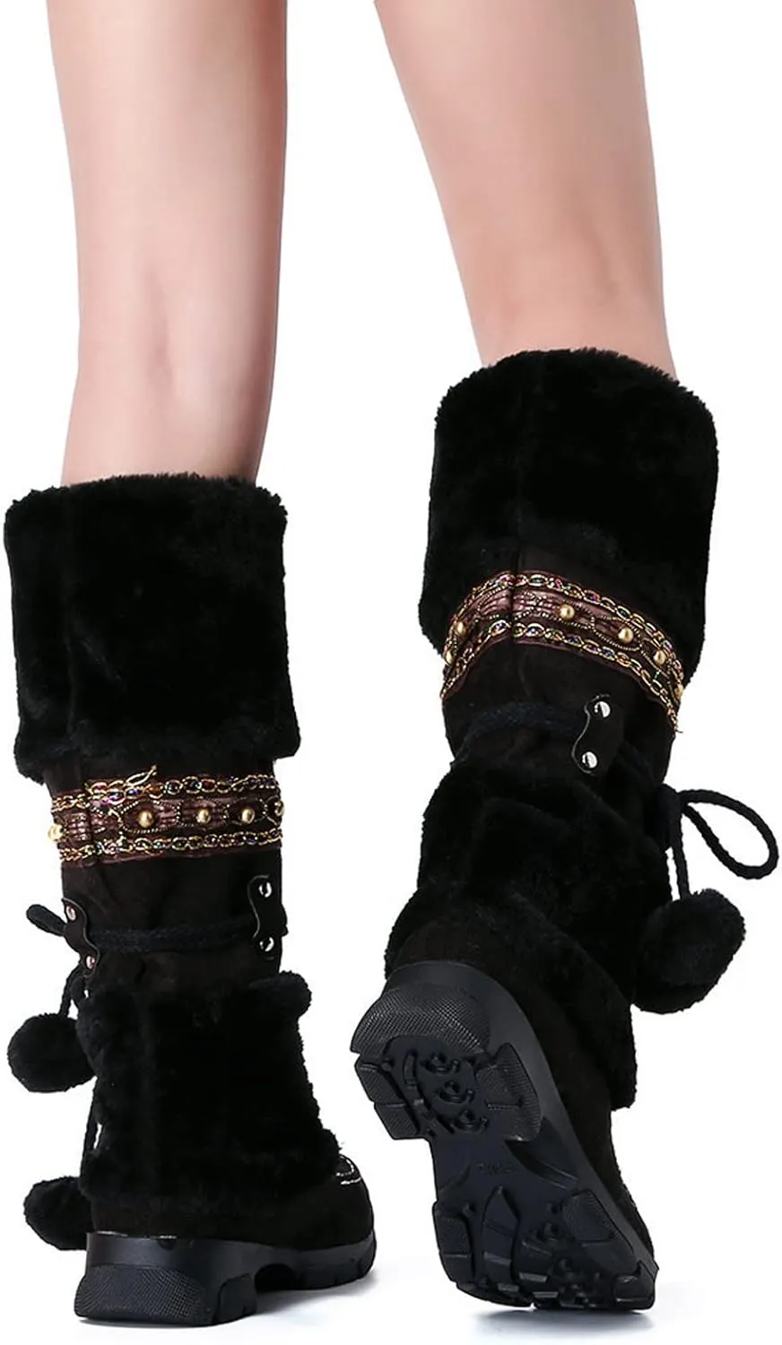 Bcshiye Women's Winter Snow Boots Retro Mid-Calf Fur Lined Warm Shoes Fashion Cold-Resistant Outdoor Knee High Boots