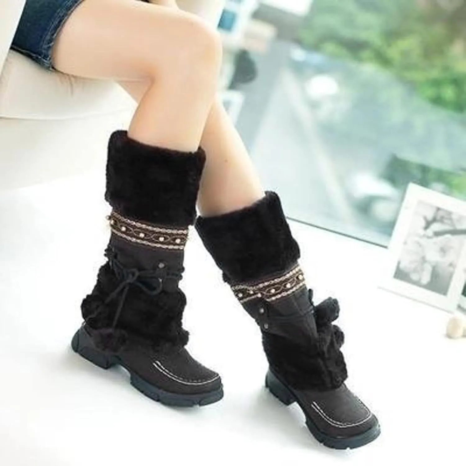 Bcshiye Women's Winter Snow Boots Retro Mid-Calf Fur Lined Warm Shoes Fashion Cold-Resistant Outdoor Knee High Boots