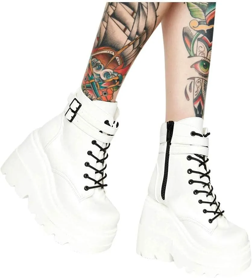 BORAMAX Boots for Women,Fashion Chunky High Heel Ankle Booties Platform Lace up Boots Motorcycle Boots Military Combat Boots