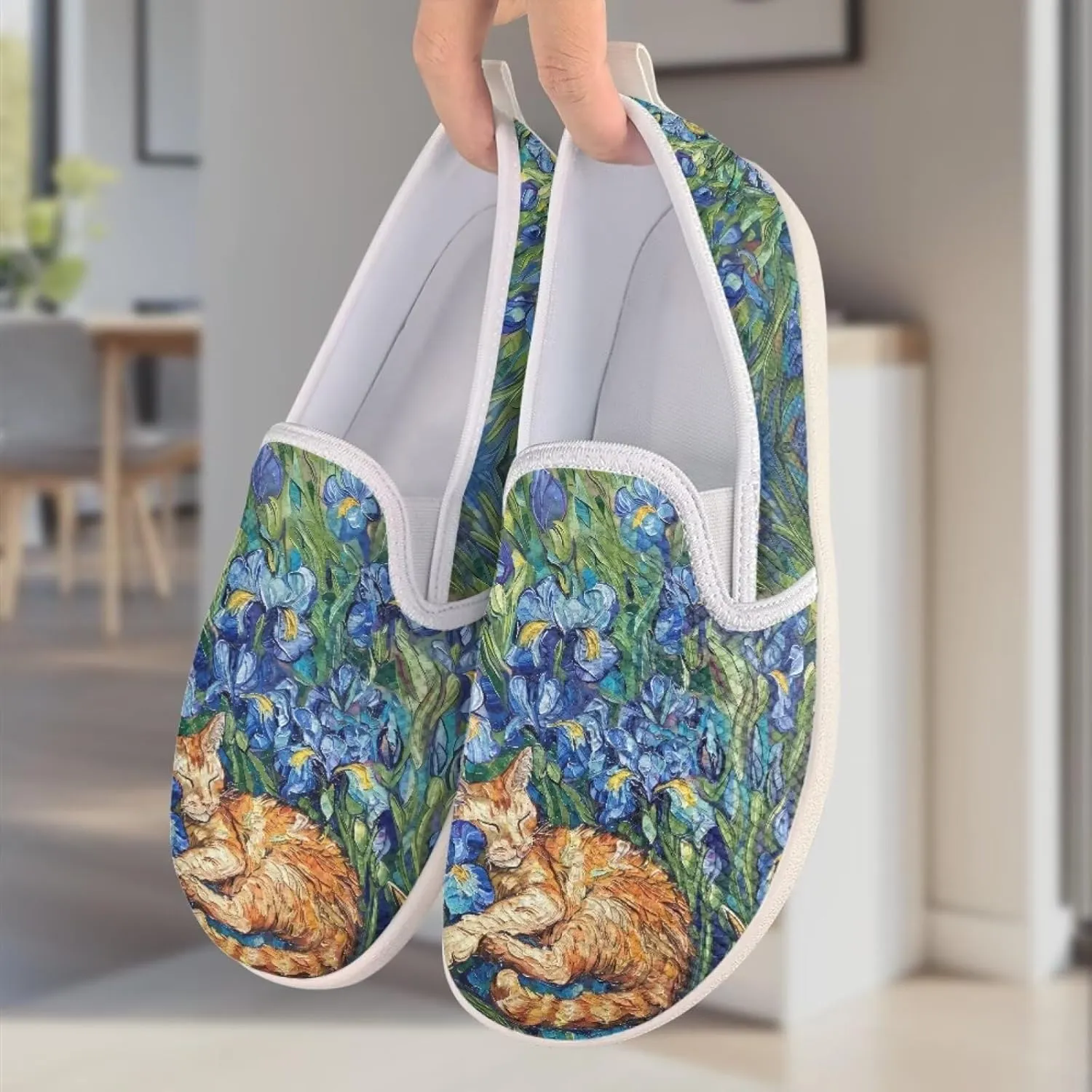 Cat Print Outdoor Shoes Fashion Work Flat Mesh Business Shoes Slip On Leisure Loafer for Women
