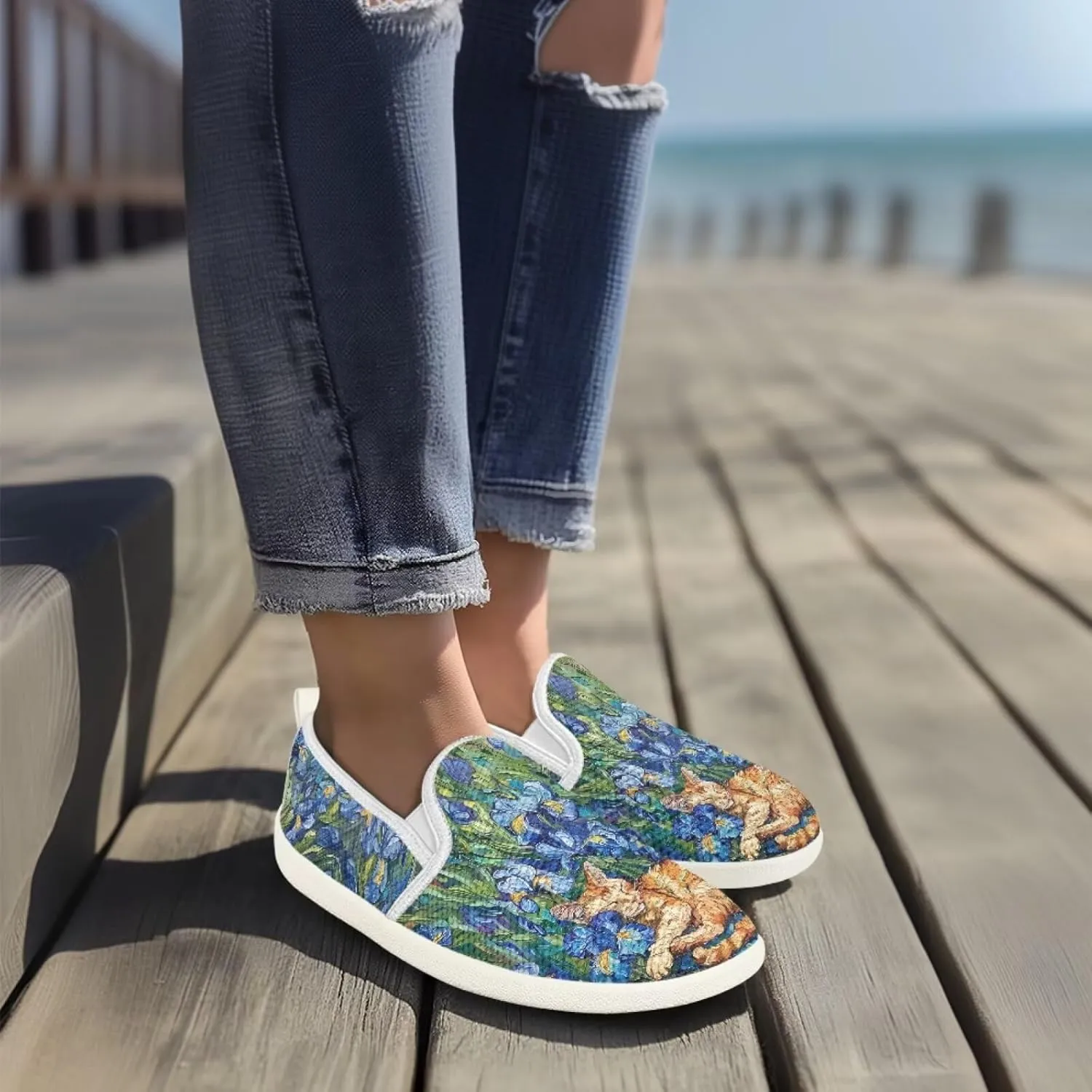 Cat Print Outdoor Shoes Fashion Work Flat Mesh Business Shoes Slip On Leisure Loafer for Women