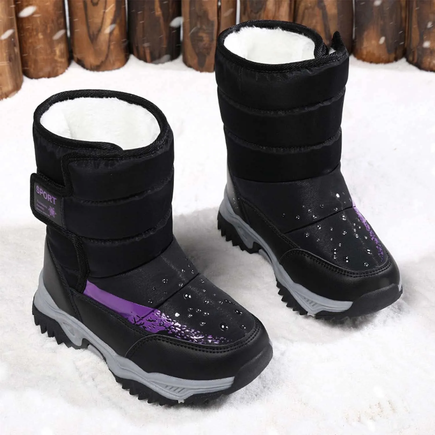 CERYTHRINA Girls Boys Snow Boots Kids Outdoor Winter Shoes Warm Fur Lined Hight-Cut for Outdoor Skiing Bootie