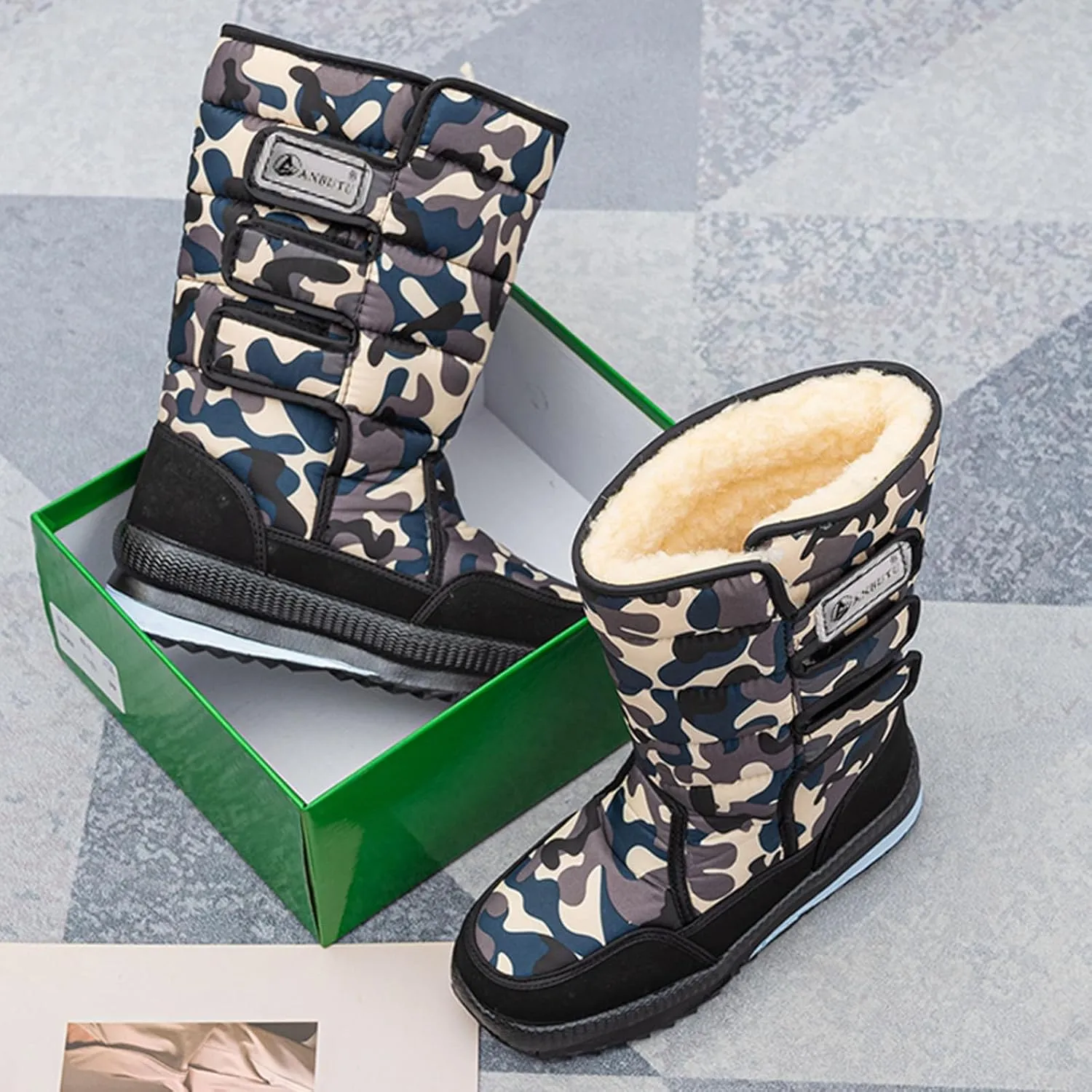 Cold Proof Snow Boots for Men and Women Non Slip Thick Bottom Boots Water Proof Fleece Lined Warm Mid Calf Boots