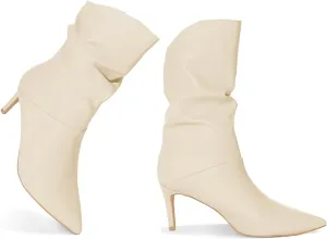 Coutgo Womens Slouchy Mid Calf Boots Stiletto High Heel Leather Booties Pointed Toe Pull on Fall Winter Shoes
