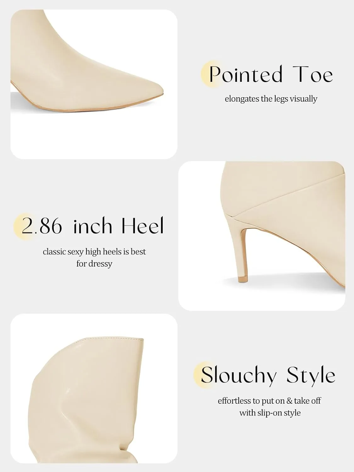 Coutgo Womens Slouchy Mid Calf Boots Stiletto High Heel Leather Booties Pointed Toe Pull on Fall Winter Shoes