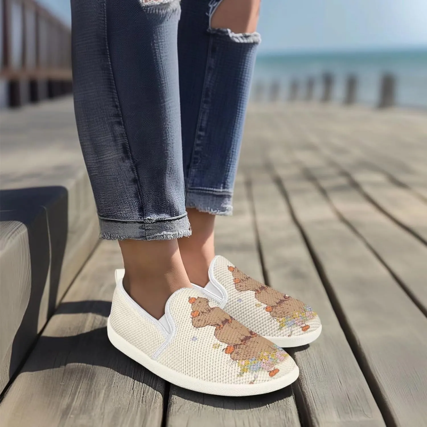 Cute Capybara Otter Print Work Shoes Flat Tennis Business Walking Loafer Outdoor Sneaker for Women