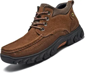 DirraBra Men's Hand-Stitching Leather Slip-On Waterproof Chukka Boots Fashion Elastic Band Comfort High Top Loafers Boots Outdoor Non-Slip Casual Traing Hiking Sneakers