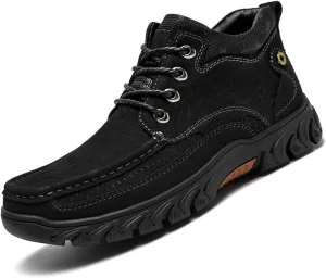 DirraBra Men's Hand-Stitching Leather Slip-On Waterproof Chukka Boots Fashion Elastic Band Comfort High Top Loafers Boots Outdoor Non-Slip Casual Traing Hiking Sneakers