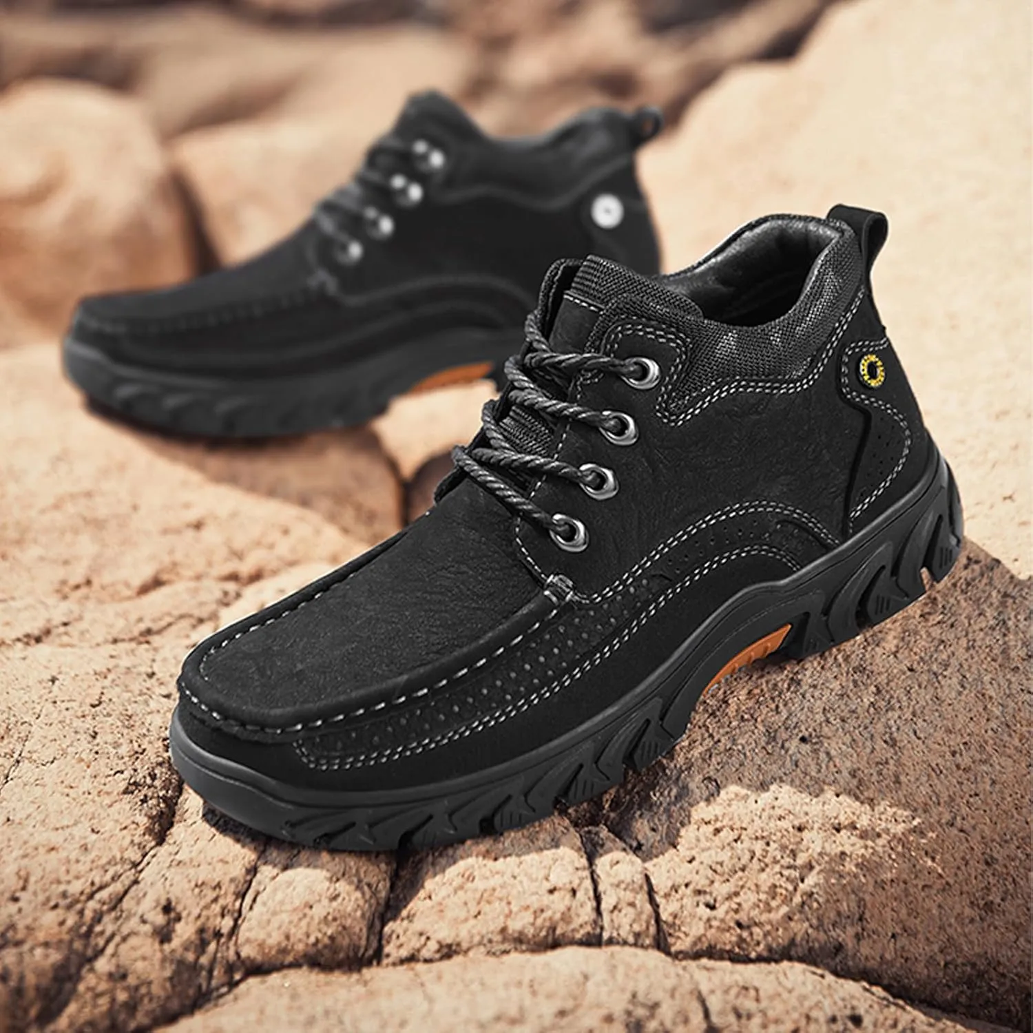 DirraBra Men's Hand-Stitching Leather Slip-On Waterproof Chukka Boots Fashion Elastic Band Comfort High Top Loafers Boots Outdoor Non-Slip Casual Traing Hiking Sneakers