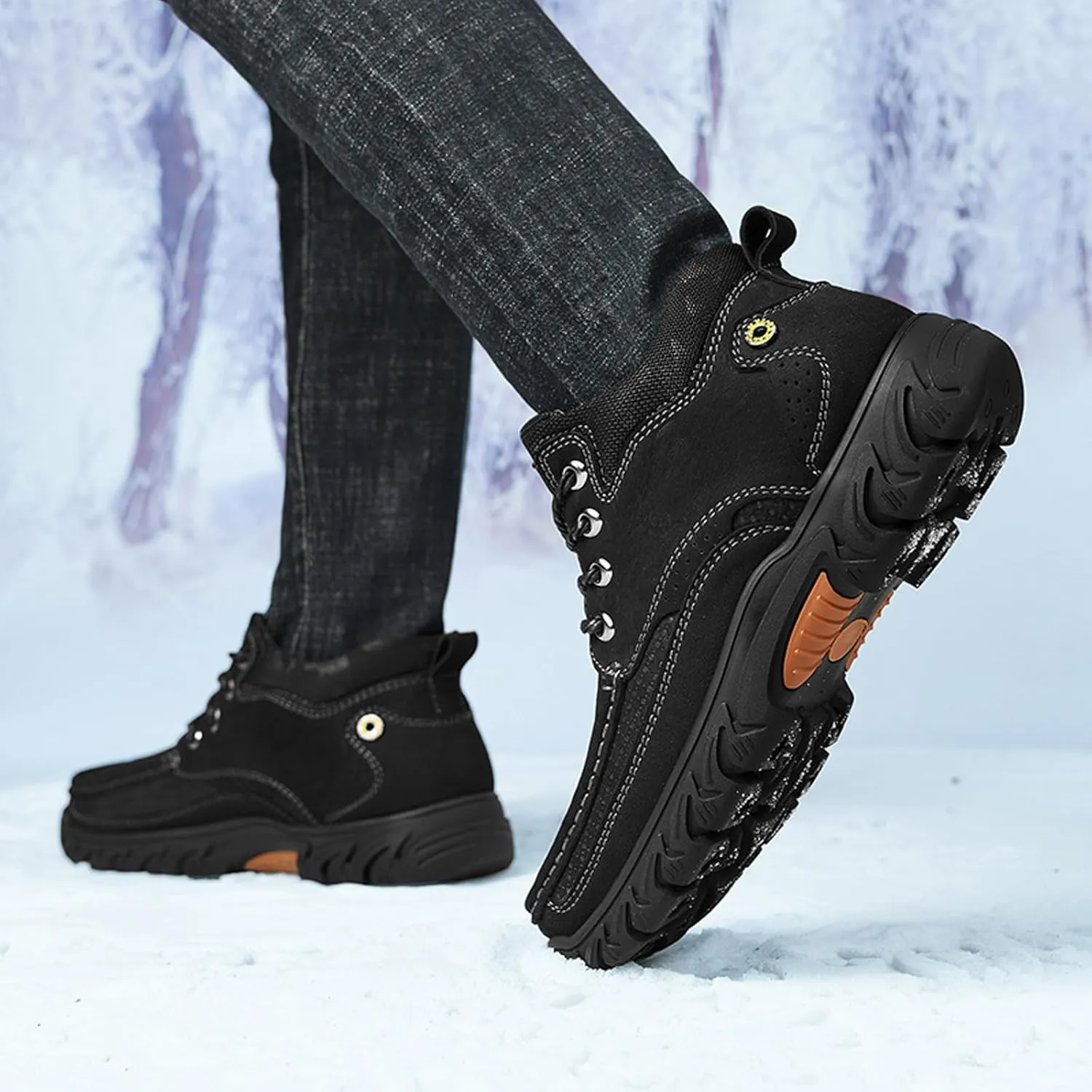 DirraBra Men's Hand-Stitching Leather Slip-On Waterproof Chukka Boots Fashion Elastic Band Comfort High Top Loafers Boots Outdoor Non-Slip Casual Traing Hiking Sneakers