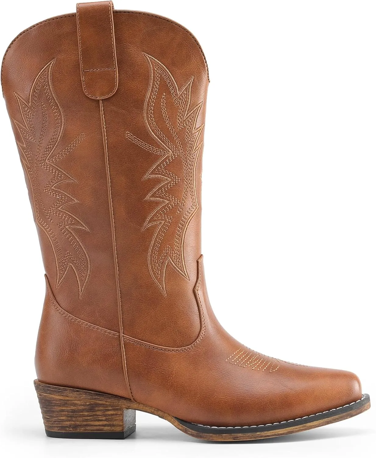 DREAM PAIRS Cowboy Boots for Women Cowgirl Western Mid Calf Boots Square Toe Embroidered Stitched Low Chunky Heel Pull On Fashion Boots