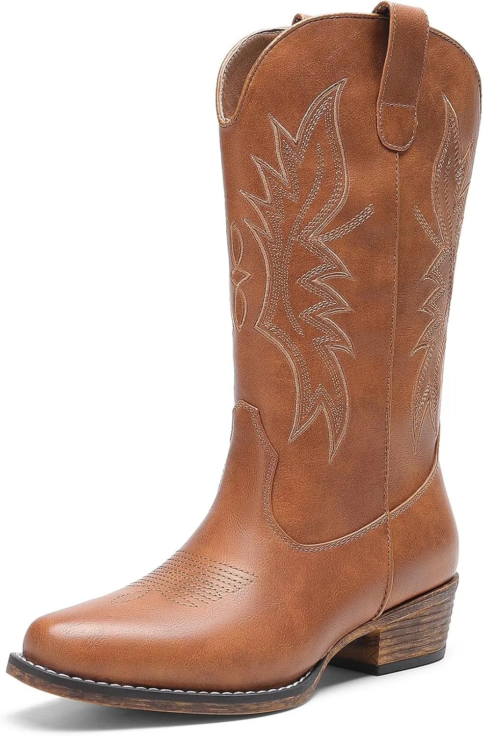 DREAM PAIRS Cowboy Boots for Women Cowgirl Western Mid Calf Boots Square Toe Embroidered Stitched Low Chunky Heel Pull On Fashion Boots