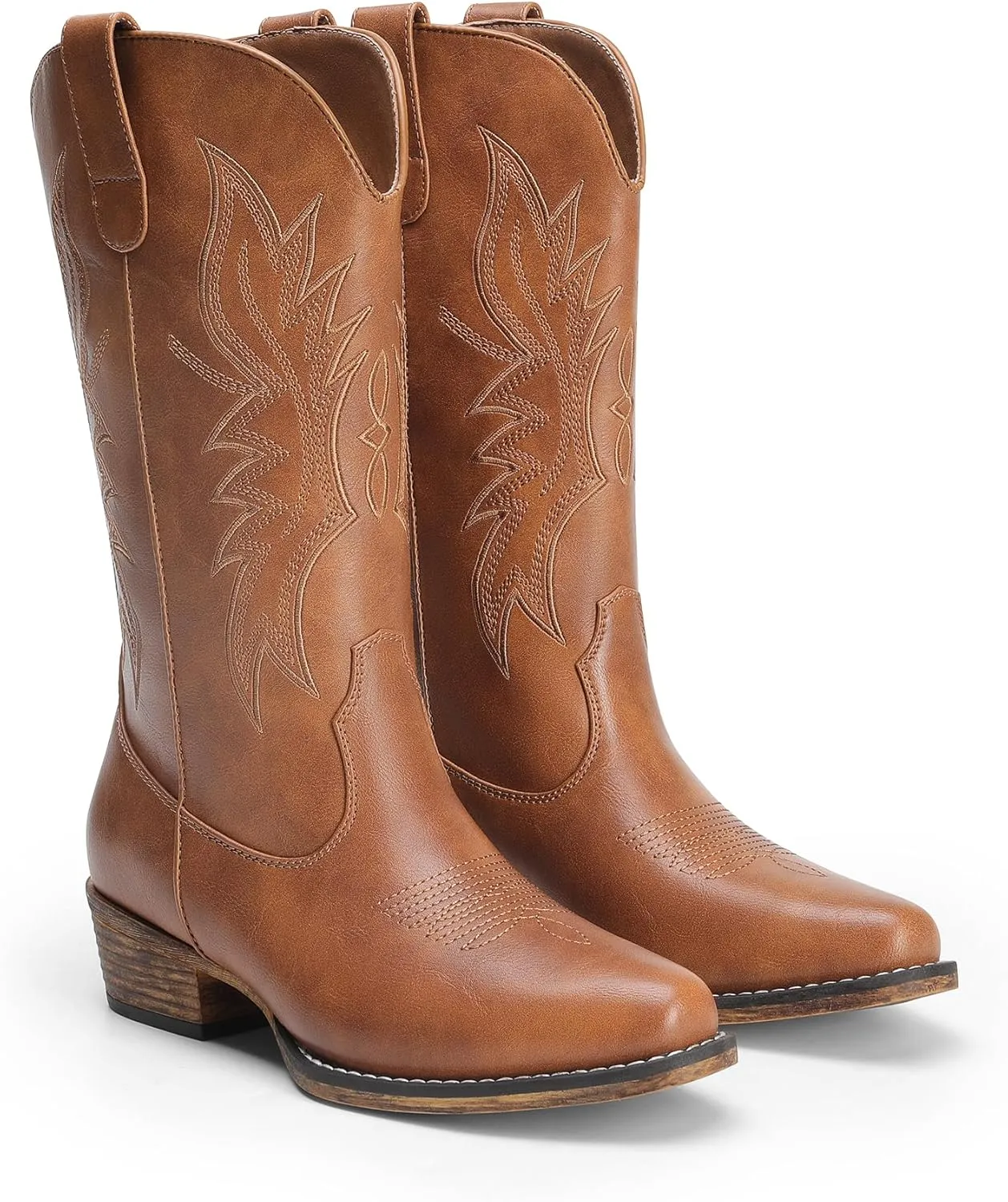 DREAM PAIRS Cowboy Boots for Women Cowgirl Western Mid Calf Boots Square Toe Embroidered Stitched Low Chunky Heel Pull On Fashion Boots