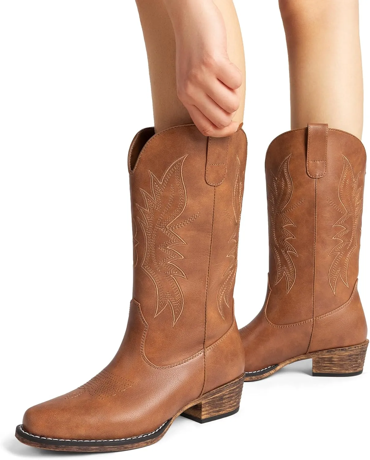 DREAM PAIRS Cowboy Boots for Women Cowgirl Western Mid Calf Boots Square Toe Embroidered Stitched Low Chunky Heel Pull On Fashion Boots