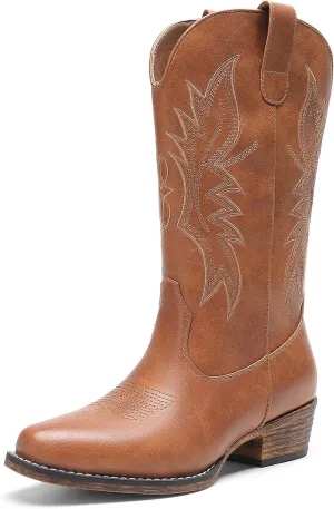 DREAM PAIRS Cowboy Boots for Women Cowgirl Western Mid Calf Boots Square Toe Embroidered Stitched Low Chunky Heel Pull On Fashion Boots