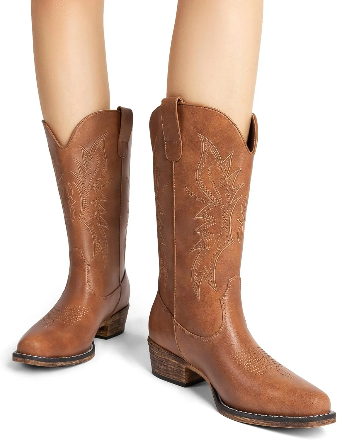 DREAM PAIRS Cowboy Boots for Women Cowgirl Western Mid Calf Boots Square Toe Embroidered Stitched Low Chunky Heel Pull On Fashion Boots