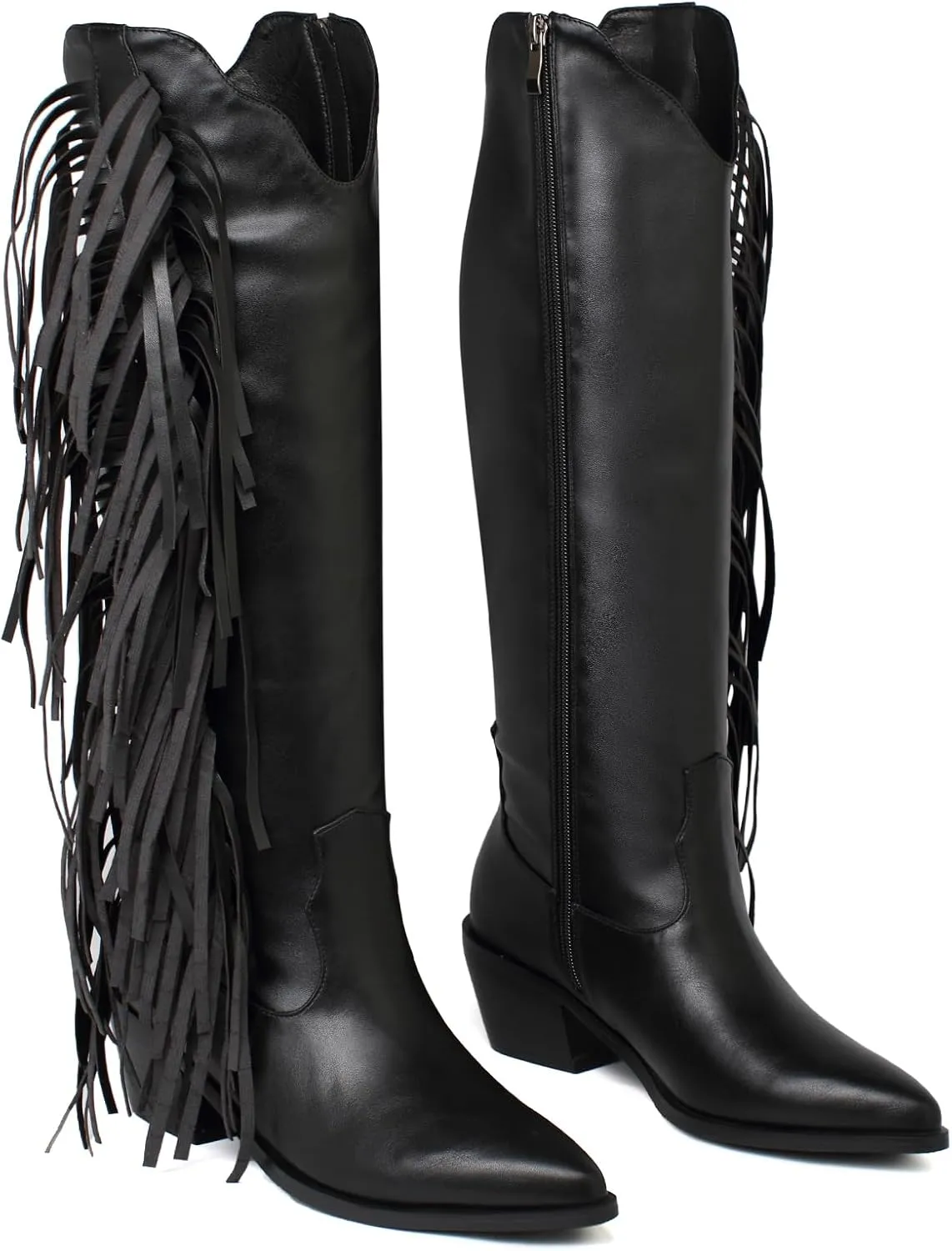 Elbslutt Women's Fringe Cowboy Boots Chunky Heel Knee High Pointed Toe Cowgirl Western Boots Side Zip Tassel Boots