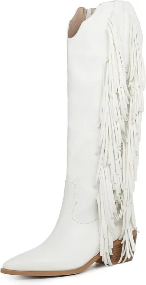 Elbslutt Women's Fringe Cowboy Boots Chunky Heel Knee High Pointed Toe Cowgirl Western Boots Side Zip Tassel Boots