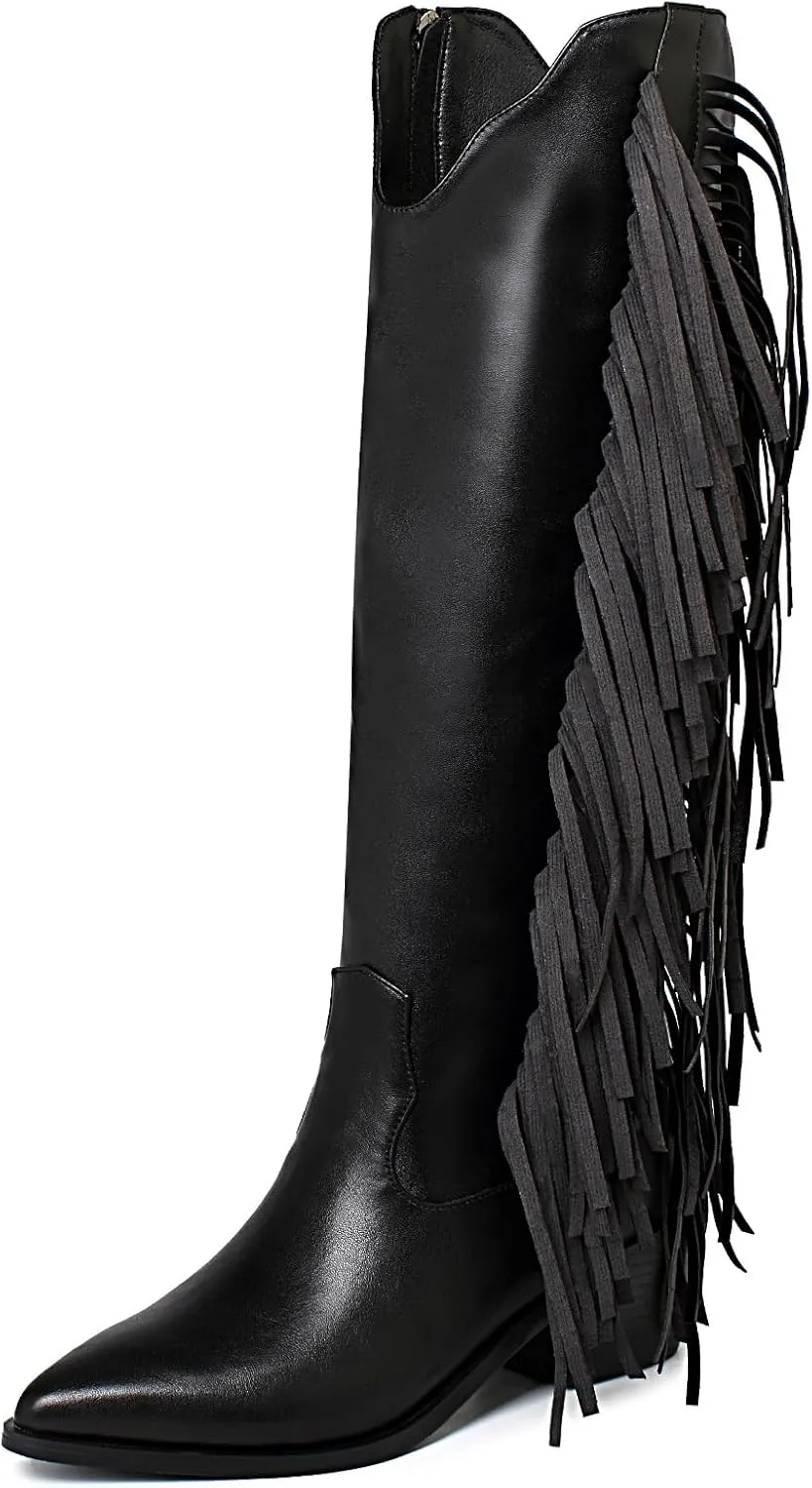 Elbslutt Women's Fringe Cowboy Boots Chunky Heel Knee High Pointed Toe Cowgirl Western Boots Side Zip Tassel Boots