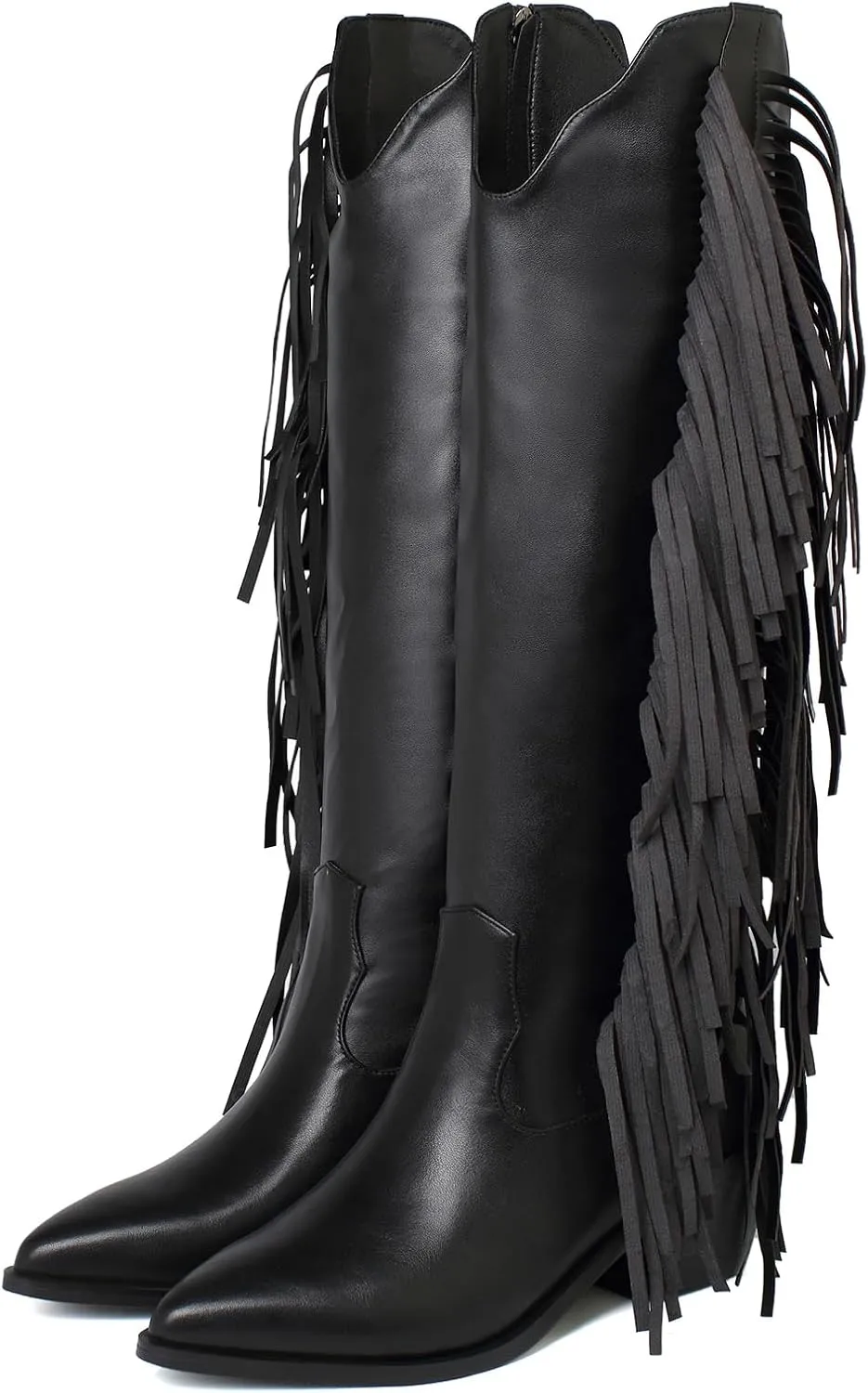 Elbslutt Women's Fringe Cowboy Boots Chunky Heel Knee High Pointed Toe Cowgirl Western Boots Side Zip Tassel Boots