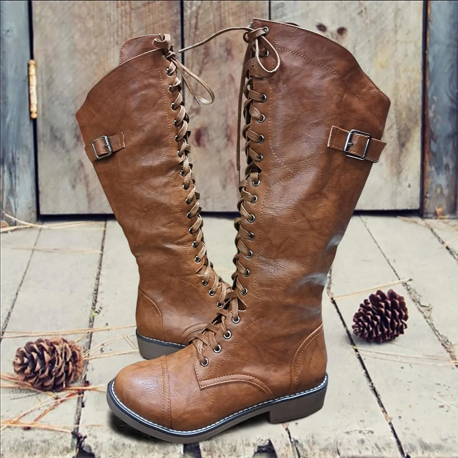 Fall Boots Womens Block Heel Knee High Riding Combat Boots Lace Up Cowboy Boots Knee High Riding Boots