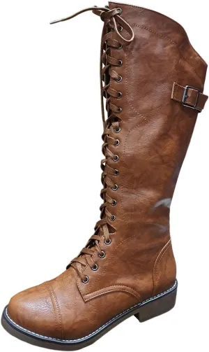 Fall Boots Womens Block Heel Knee High Riding Combat Boots Lace Up Cowboy Boots Knee High Riding Boots