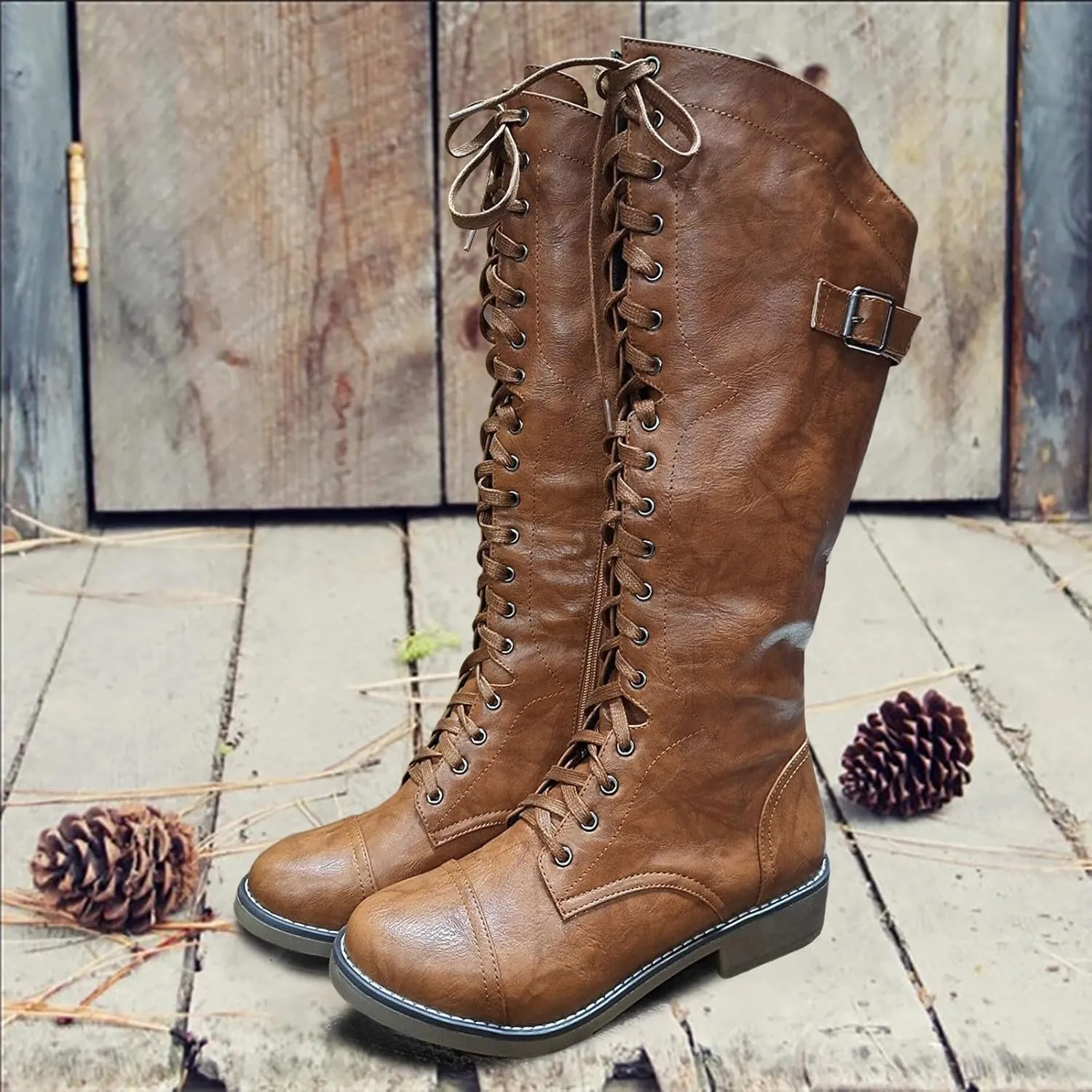 Fall Boots Womens Block Heel Knee High Riding Combat Boots Lace Up Cowboy Boots Knee High Riding Boots