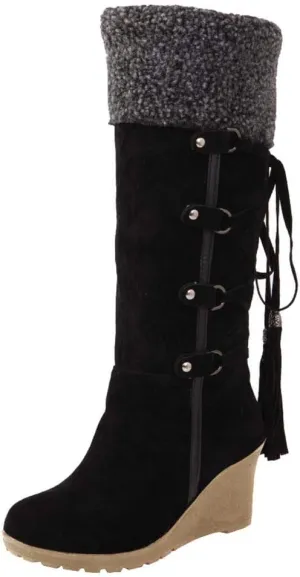 Fall Boots Womens Winter Snow Knee High Boots Wedge Fur Cuff Warm Fur Lined Puff Snow Tall Boots for Ladies