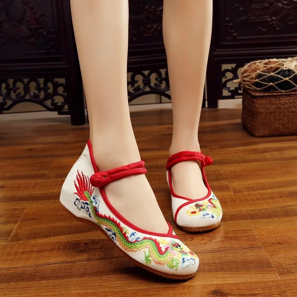 Handmade Women Cotton Ballet Flats Chinese Dragon Embroidery Ladies Shoes Casual Breathable Shoes