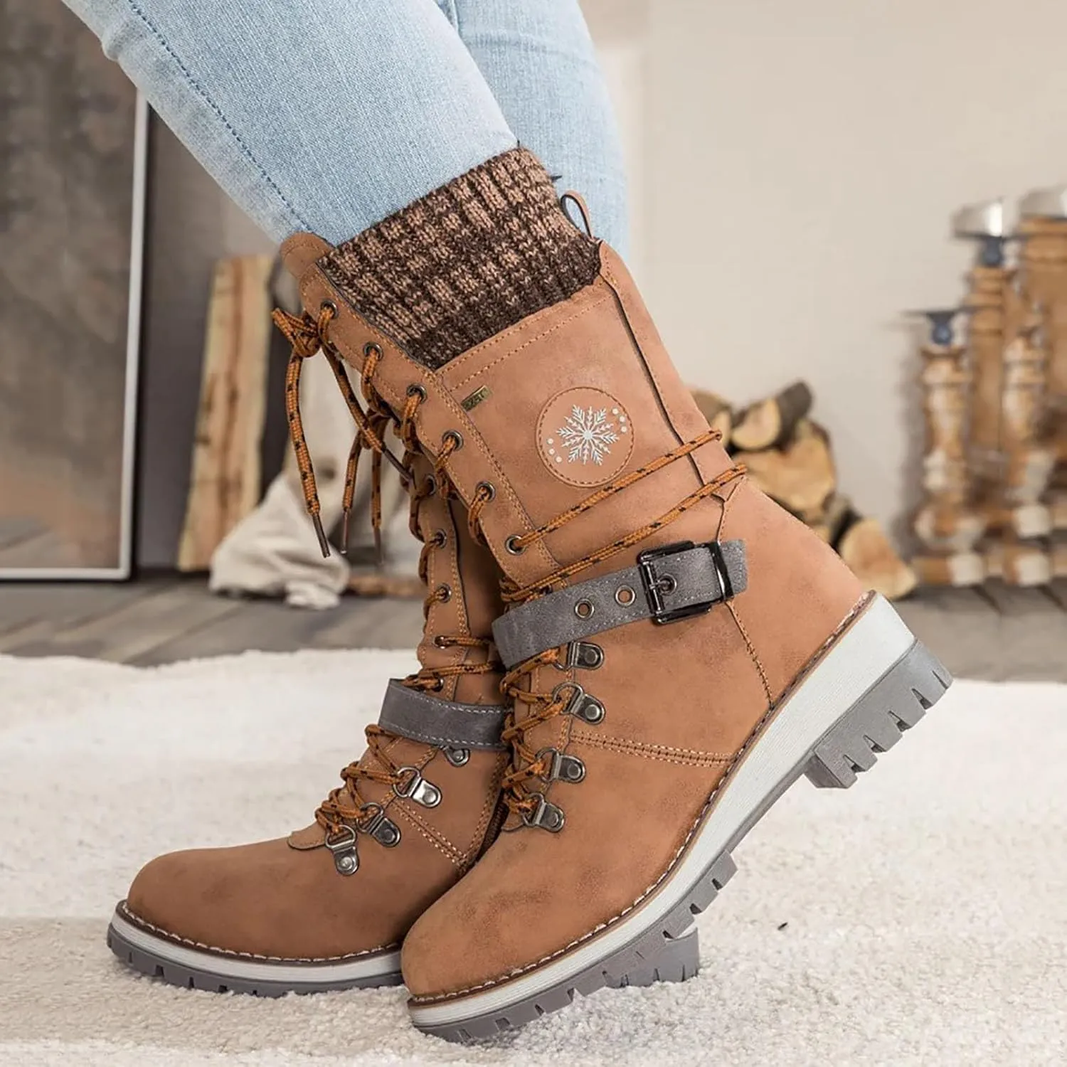 Hbeylia Lace-up Combat Boots for Women Sweater Knitted Cuff Mid-Calf Military Winter Boot Chunky Low Heels Platform Fashion Side Zip Buckles Riding Boots Walking Comfortable Hiking Outdoor Booties