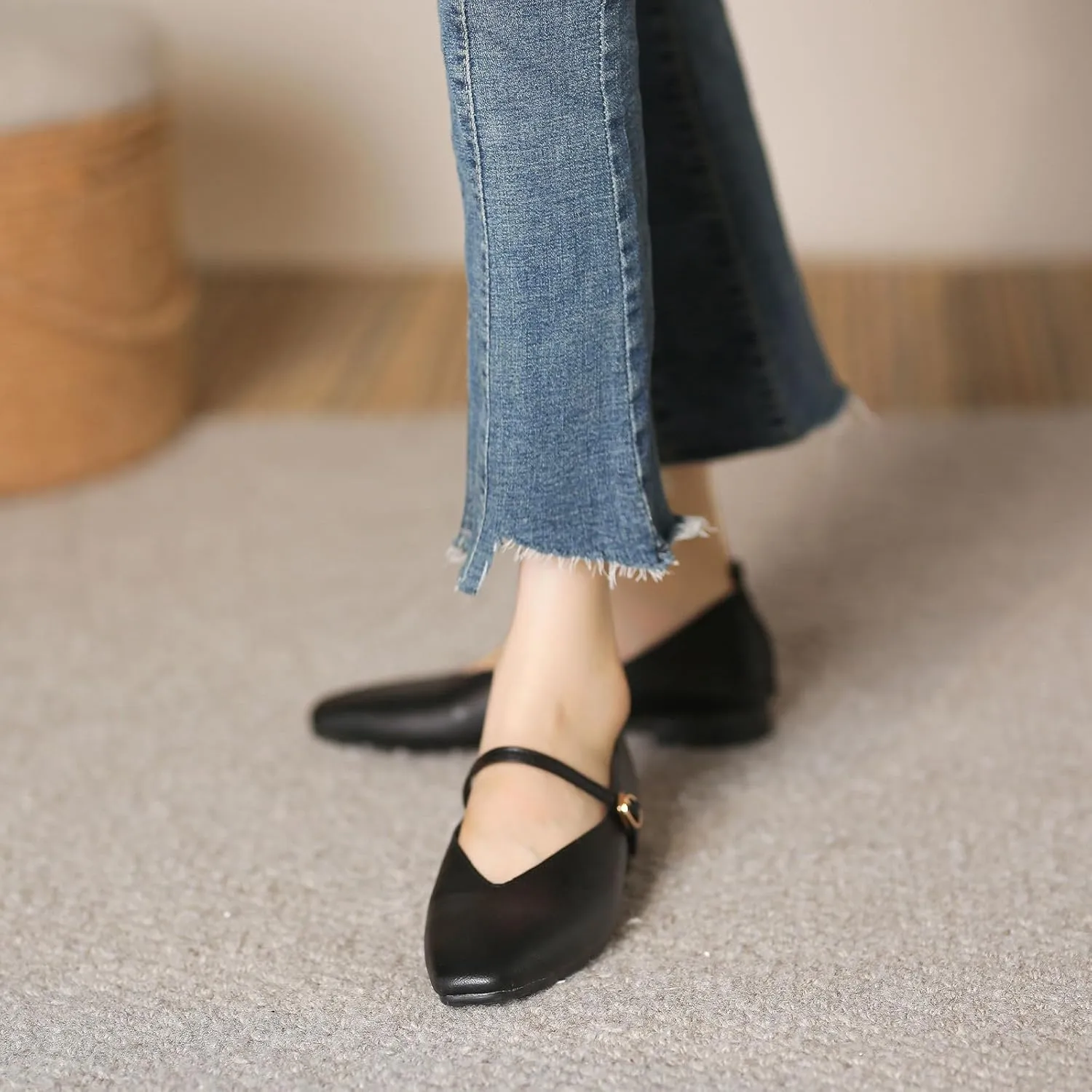 HIPPOSEUS Women's Mary Jane Square Toe Flats Soft Ballet Flats Low Heel Foldable Shoes
