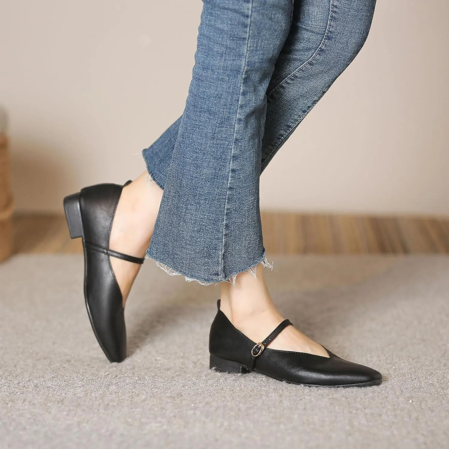 HIPPOSEUS Women's Mary Jane Square Toe Flats Soft Ballet Flats Low Heel Foldable Shoes
