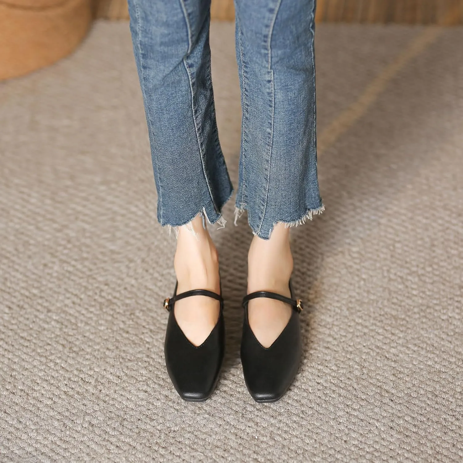 HIPPOSEUS Women's Mary Jane Square Toe Flats Soft Ballet Flats Low Heel Foldable Shoes