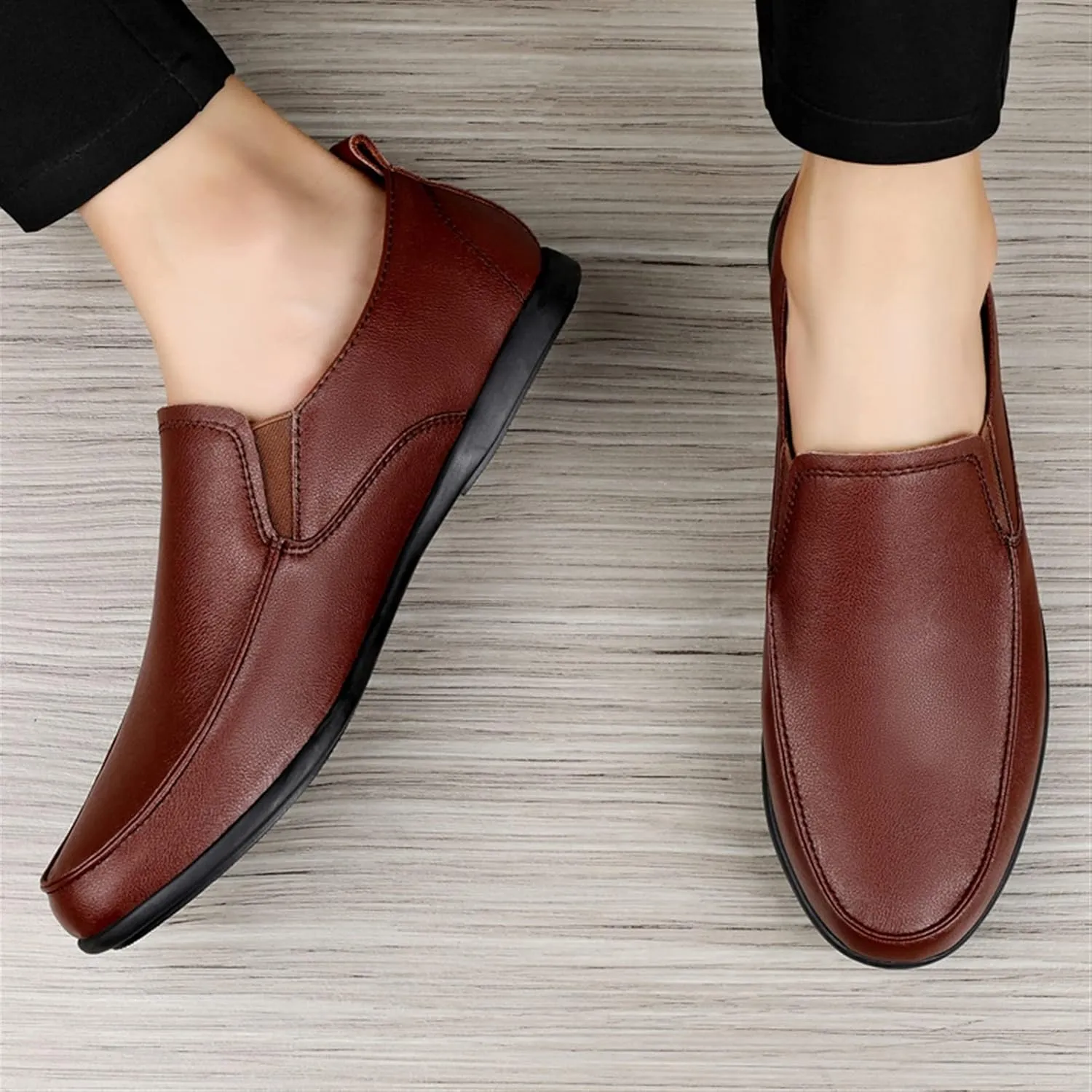 HOOENG Driving Moccasins Loafer Shoes for Men Dual Elastic Band Solid Color Round Toe PU Leather Resistant Flat Heel Flexible Casual Slip On