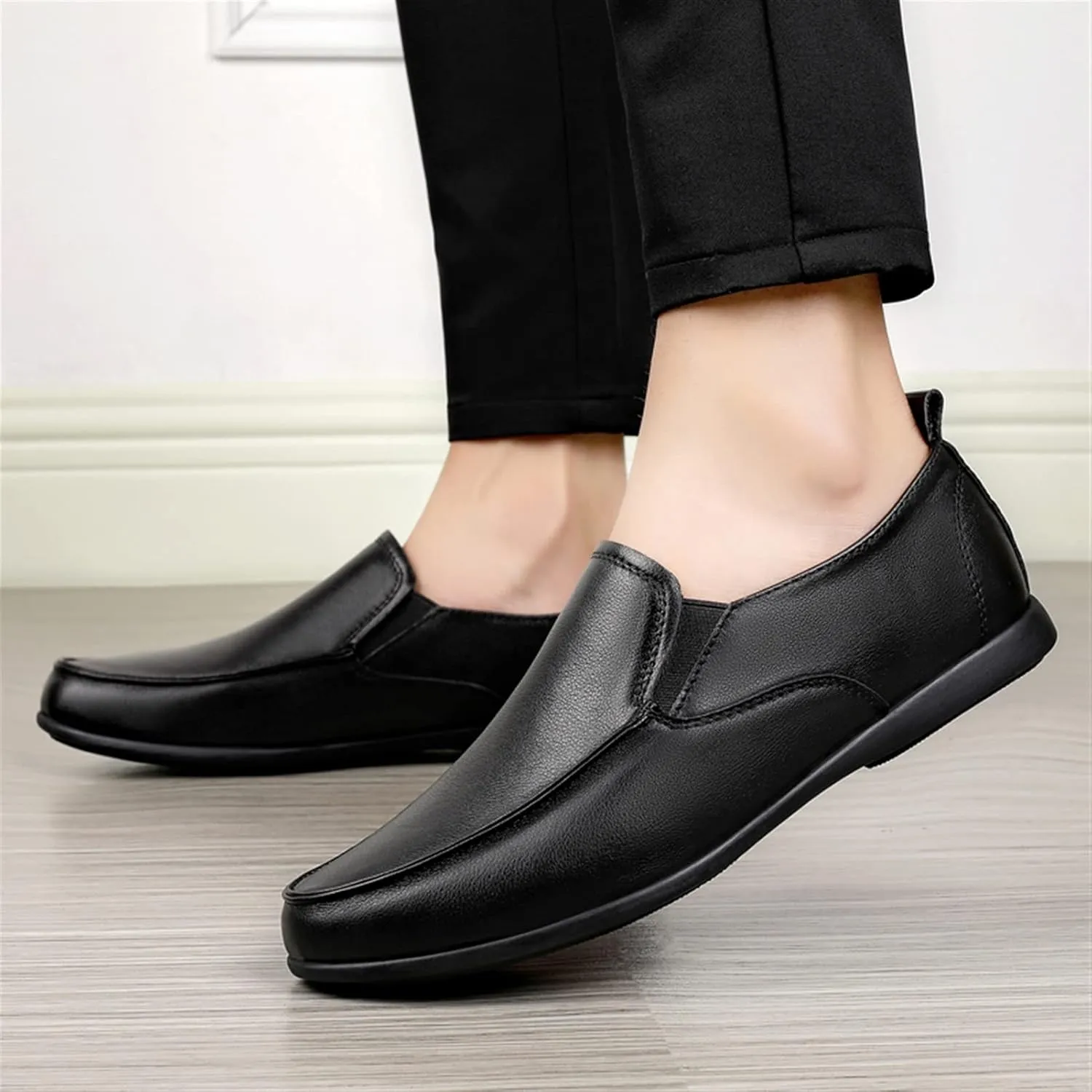 HOOENG Driving Moccasins Loafer Shoes for Men Dual Elastic Band Solid Color Round Toe PU Leather Resistant Flat Heel Flexible Casual Slip On