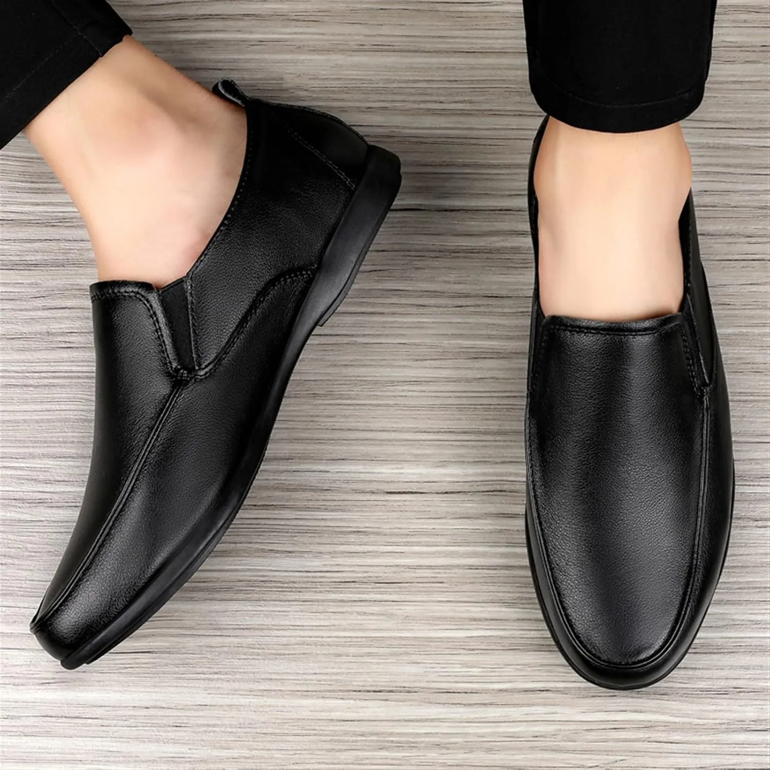 HOOENG Driving Moccasins Loafer Shoes for Men Dual Elastic Band Solid Color Round Toe PU Leather Resistant Flat Heel Flexible Casual Slip On