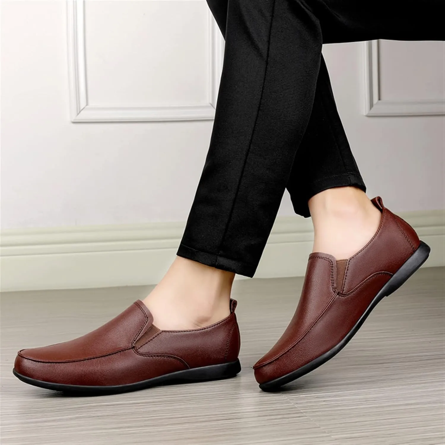 HOOENG Driving Moccasins Loafer Shoes for Men Dual Elastic Band Solid Color Round Toe PU Leather Resistant Flat Heel Flexible Casual Slip On