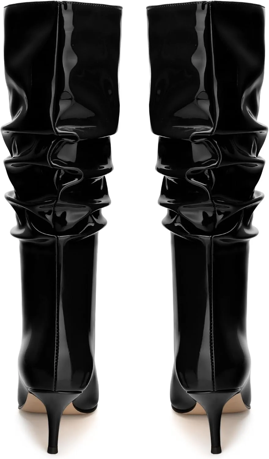 JUSTDANNI Mid Calf Boots for Women Slouchy Kitten Heel Pointed Toe Boots Pull On Patent Party Shopping Dating Under Knee High Boots