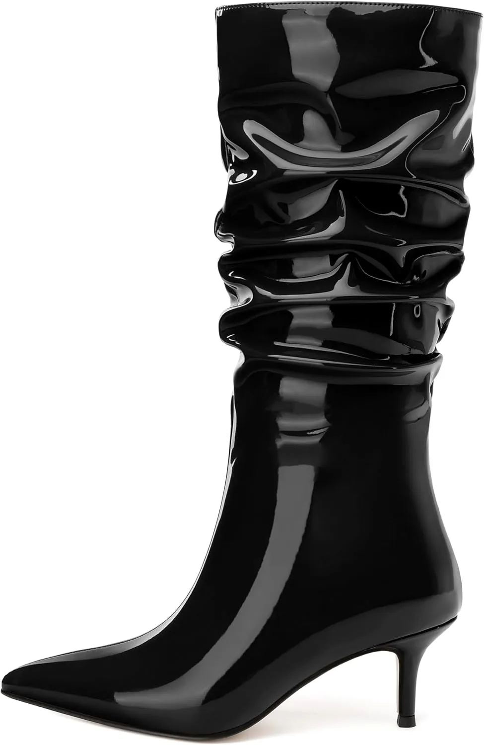 JUSTDANNI Mid Calf Boots for Women Slouchy Kitten Heel Pointed Toe Boots Pull On Patent Party Shopping Dating Under Knee High Boots