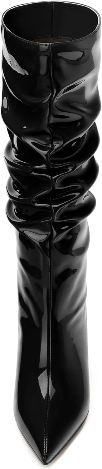 JUSTDANNI Mid Calf Boots for Women Slouchy Kitten Heel Pointed Toe Boots Pull On Patent Party Shopping Dating Under Knee High Boots